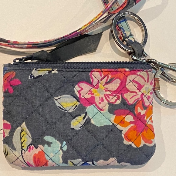 Vera Bradley Key Ring Lanyard Coin Card ID Window Zipper Navy Blue Floral Wallet - Picture 3 of 8